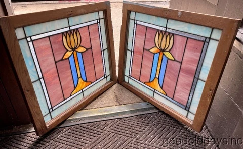 Pair of Antique Chicago Stained Leaded Glass Windows Circa 1915 28" x 23" Cover