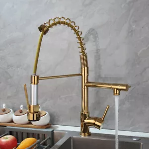 Rubinetto Cucina 360° Girevole Oro Beccuccio Estraibile Spruzzatore Lavello Miscelatore Rubinetto Montaggio Ponte - Foto 1 di 11