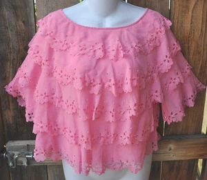 ART TO WEAR HAND MADE EYELET LACE FLIRTY LAYERED ART TO WEAR TOP IN PINK, SM! - Picture 1 of 5