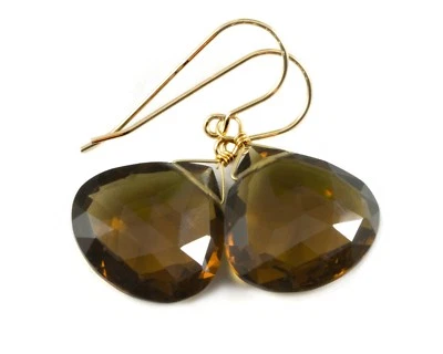 威士忌干邑烟熏石英耳环心形泪滴玫瑰14k纯金纯银 — 第 1/4 张图片