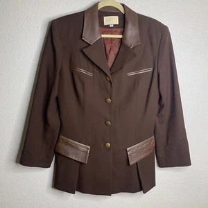 Vintage ALBERTO MAKALI New York 10 Blazer Brown Wool & Leather 4 Buttons - Picture 1 of 12