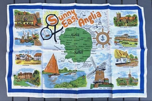 Toalla de té de lino de recuerdo vintage Sunny East Anglia Inglaterra mapa años 70 Vista - Imagen 1 de 3