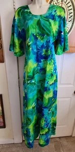 VTG 70s Two Potato Dayglo Hawaiian Barkcloth Maxi Dress Women's M Boho Festival - Picture 1 of 20