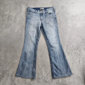 LEI Sophia Hipster Flare Jeans Juniors 5 Blue Embroidered Pockets Hip Huggers - Picture 1 of 12