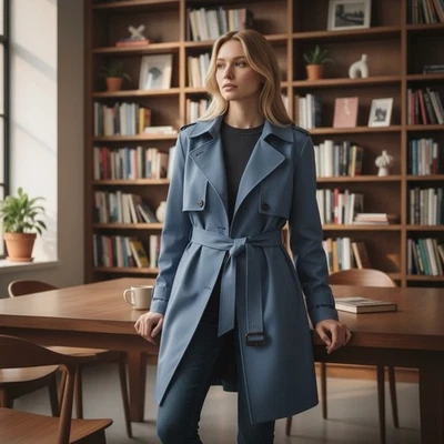 Gabardina London Fog azul lunar con capucha con cinturón resistente al agua para mujer XL de lujo Foto 1 de 4