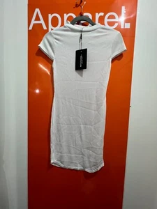 Pretty Little Thing White High Neck, Ribbed, Bodycon Dress, Size 10,bnwt, SF, - Picture 1 of 2