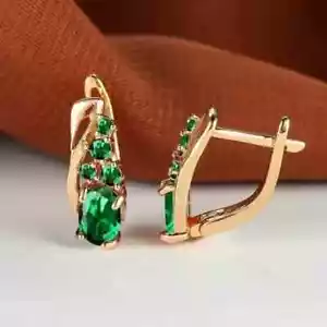 2Ct Oval Cut Lab-Created Green Emerald Hoop Earrings 14K Yellow Gold Plated - Picture 1 of 7