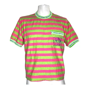 Piggly Wiggly’s Pocket Tee Day Glo Pink Green Stripes Streetwear Vintage 80's L - Picture 1 of 6