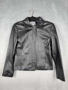 Vintage Clio Black 100% Leather Blazer Jacket Size 8 Hidden Zipper Steampunk - Picture 1 of 10