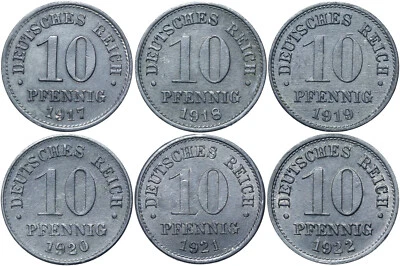 German Empire Collection Set - 6 Coins 10 Pfennig 1917 1918 1919 1920 1921 1922 - Image 1 of 2