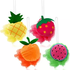 4 Pcs Child Bath Shower Sponge Loofahs Cute Mesh Pouf with Hooks for Travel - Picture 1 of 7