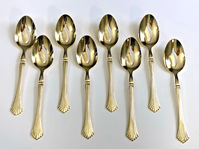 Lote de 8 cubiertos ranurados chapados en oro inoxidable vintage Corea Foto 1 de 4