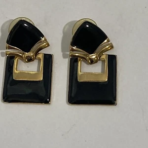 90’s Enamel Black And Gold Pierced Earrings Retro Classic Holiday Dangle Travel - Picture 1 of 4