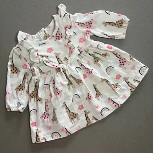Baby Girl Newborn Matalan White Jersey Dress Long Sleeve with Ruffles Giraffe - Picture 1 of 1