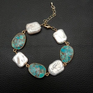 Cultured White Rectangle Pearl Real Turquoise Beaded Bracelet Gemstone Jewelry - Picture 1 of 6