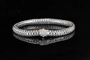 $1,195 John Hardy Silver 18K Yellow Gold Pave Diamond 6.5mm Wheat Chain Bracelet - Picture 1 of 10