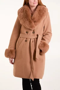 New Ladies Women FUR COLLAR & CUFFS BELTED COAT Jacket Winter Coats BNWT - Picture 1 of 4