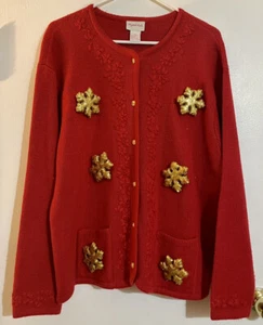 VTG Crystal Kobe Red Button Up Sweater Embroidered Flowers 3D Gold Snowflakes XL - Picture 1 of 6
