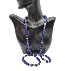 Navy Blue Speckled with Gold Tone Bead Professional Career Vintage Necklace - Picture 1 of 21