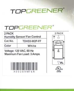 New TOPGREENER 2 Pack Humidity Sensor/Fan Control Cat No. TDHS5-W2P-FF-White - Picture 1 of 3