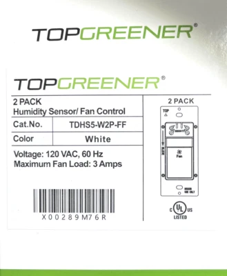 New TOPGREENER 2 Pack Humidity Sensor/Fan Control Cat No. TDHS5-W2P-FF-White - Image 1 of 3