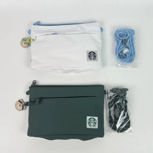 2025 Starbucks Korea Pouch Bag & Bearista Keychain SET Limited - White Green - Picture 1 of 9