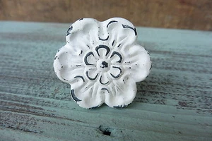 Shabby Chic Cast Iron Distressed Chippy WHITE Flower Knobs - Metal Drawer Pulls - Picture 1 of 2