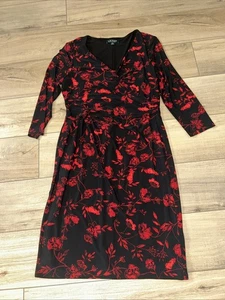 Ralph Lauren Dress Black With Red Florals Faux Wrap Holidays Jersey Midi Size 12 - Picture 1 of 7