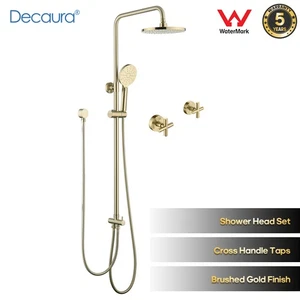 9" Rain Shower Head Set with Shower Mixer Taps 1/4 Turn Cross Brushed Gold WELS - Picture 1 of 30