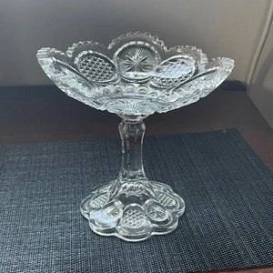 7" Clear Pressed Glass 8 Scallop Sided Pedestal Fancy Candy Dessert Serving Bowl - Picture 1 of 2