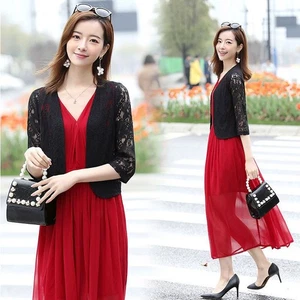 Cardigan donna pizzo floreale giacca spalle scoperte cappuccio crop bolero top mezza manica basic - Foto 1 di 14