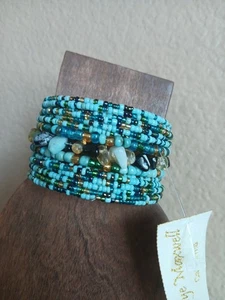 Handmade Beaded Bangle Bracelet from Bali Blue Green Gold w/Stone Accents NWT - Picture 1 of 7