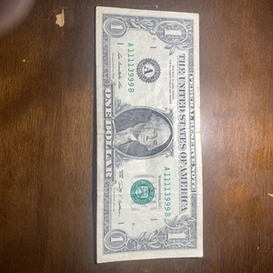 2009 One Dollar Federal Reserve Note - Fancy Low Trinary Serial Note 11113999 - Picture 1 of 7