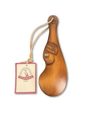 Vintage New Zealand Native Kauri Wood Carved Maori Wahaika Patu With Paua Shell - image 1 of 4