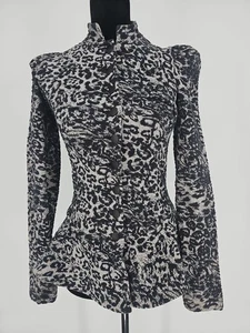 Betsey Johnson Collection Peplum Jacket Small Gray Leopard Print Blazer Mob Wife - Picture 1 of 7