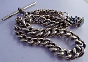 Antike massive Silber Taschenuhr Albert Kette mit Silber & Edelstein besetzt Anhänger Siegel - Bild 1 von 9