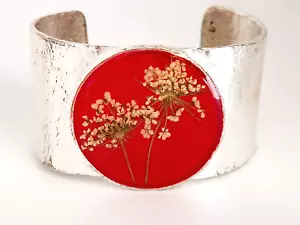 Silver Plated Cuff Bracelet Preserved Laceflower on Red By Shari Dixon - Picture 1 of 7