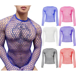 Mens See-Through Mesh T-Shirt Hollow Out Fishnet Long Sleeve Blouse Top AU - Picture 1 of 16