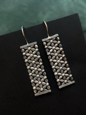Oxidized Silver Plated Designer Drop Earring - Image 1 of 3