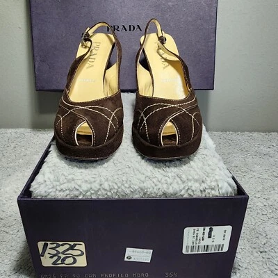 Prada Peep Toe Marrón Gamuza Plataforma Tacón Alto Cam Profilo Moro Talla 35.5 Talla 5.5 Foto 1 de 4