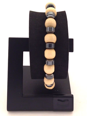 MOSACCOBLUE MENS ROUND BEIGE BEADED BRACELET WITH GUNMETAL GRAY SPACERS - Image 1 of 4