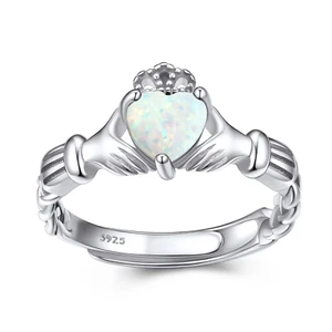 Women Sterling Silver Claddagh Ring with Opal Birthstone Adjustable Solitaire Ge - Picture 1 of 12