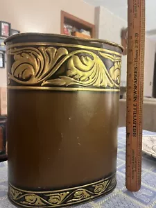 Vintage Mid Century J L CLARK Metal Wastebasket Trash Can Gold Scroll Leaf Brwn - Picture 1 of 12