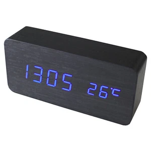 TODO Blue Led Wooden 3 Alarm Clock + Temperature Display Usb/Battery Wood Bla... - Picture 1 of 3