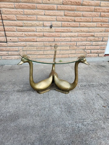 Vintage Hollywood Regency Brass Swan Coffee Table With Beveled Glass Round Top Cover