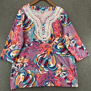 Top túnica elástica Talbots para mujer 1X Plus multicolor con encaje floral manga 3/4 - Imagen 1 de 11