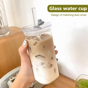 Square Heat Resistant Coffee Glass Cup With Lid and Straw Transparent Cups - Picture 1 of 19