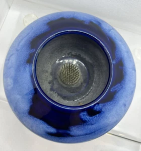 Blue Drip Glaze Ikebana Art Pottery Round Flat Vase Artist Signed - Picture 1 of 4