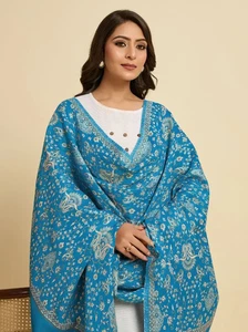 Blue Beautiful Women's Cashmere Indian Stole Wool Scarf Shawl Wrap Kani Paisley - Picture 1 of 3