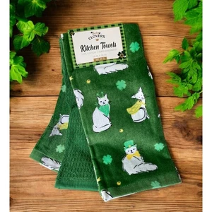 NWT St. Patrick's Day Irish Green White Cat Kitten Cats 3 Kitchen Towel Set - Picture 1 of 3